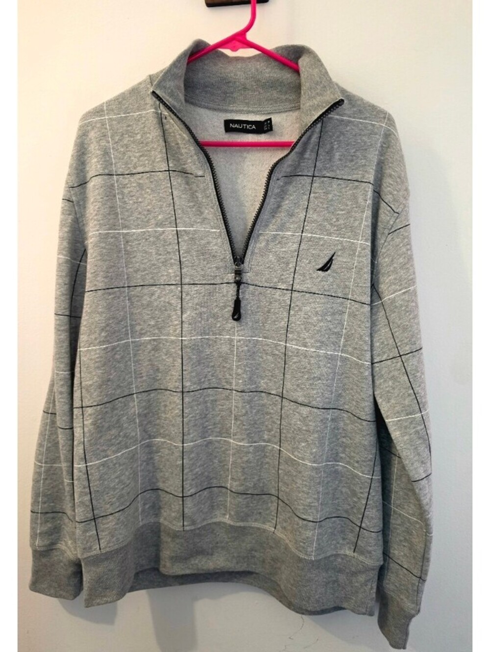 Nautica Gray Windowpane Plaid Quarter Zip Pullover Sweatshirt Size M